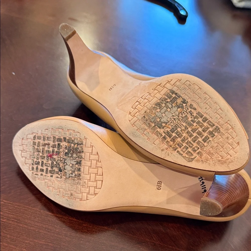 Cole Haan Peep Toe Pumps Nude Tan Leather High Heels Size 6.5B